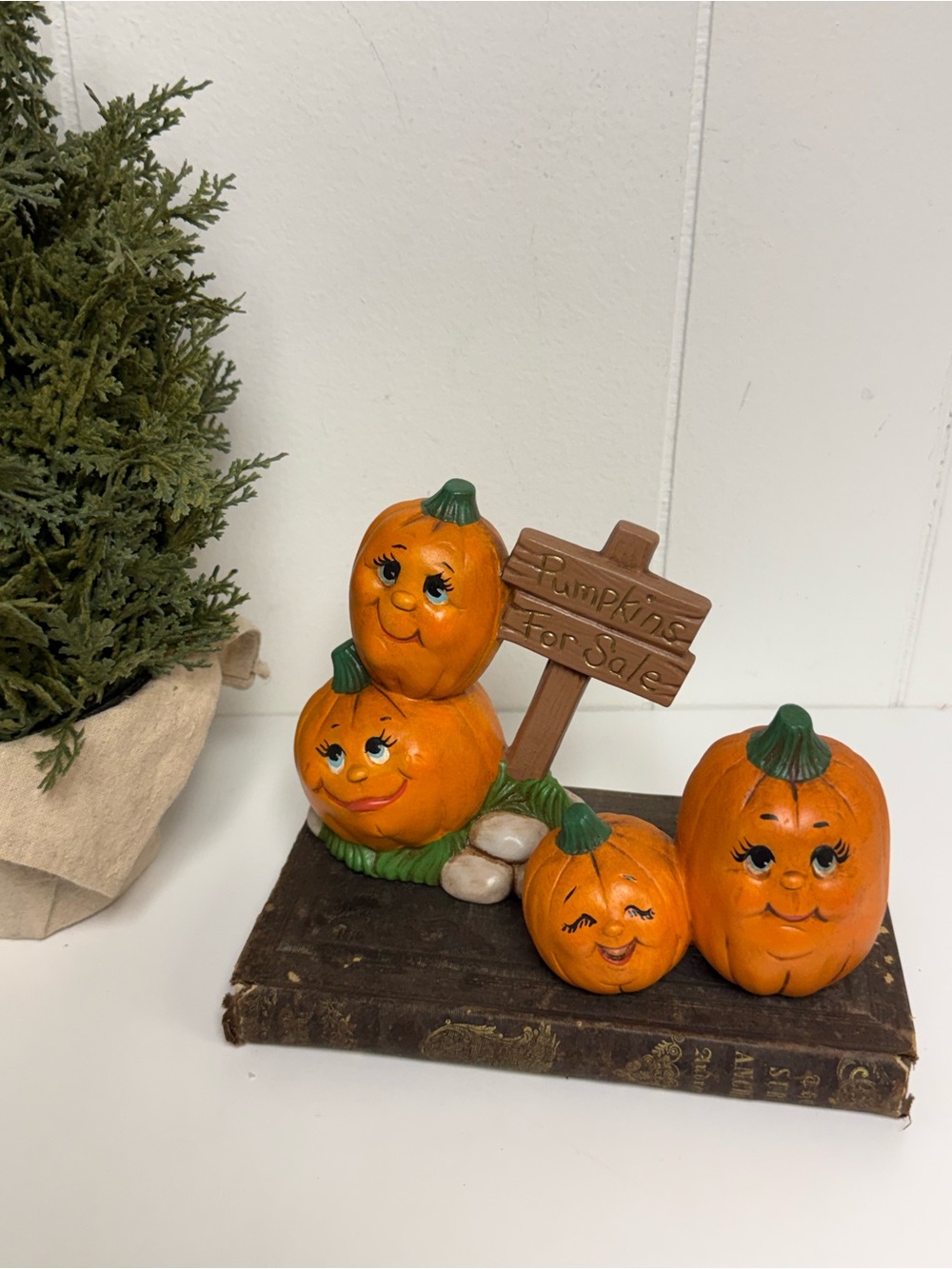 Vintage Handpainted Hobbyist Ceramic Anthropomorphic Pumpkin Figurine Set